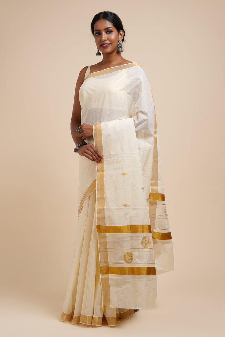 Teejh Preetika White and Gold Kerala Cotton Kasavu Saree