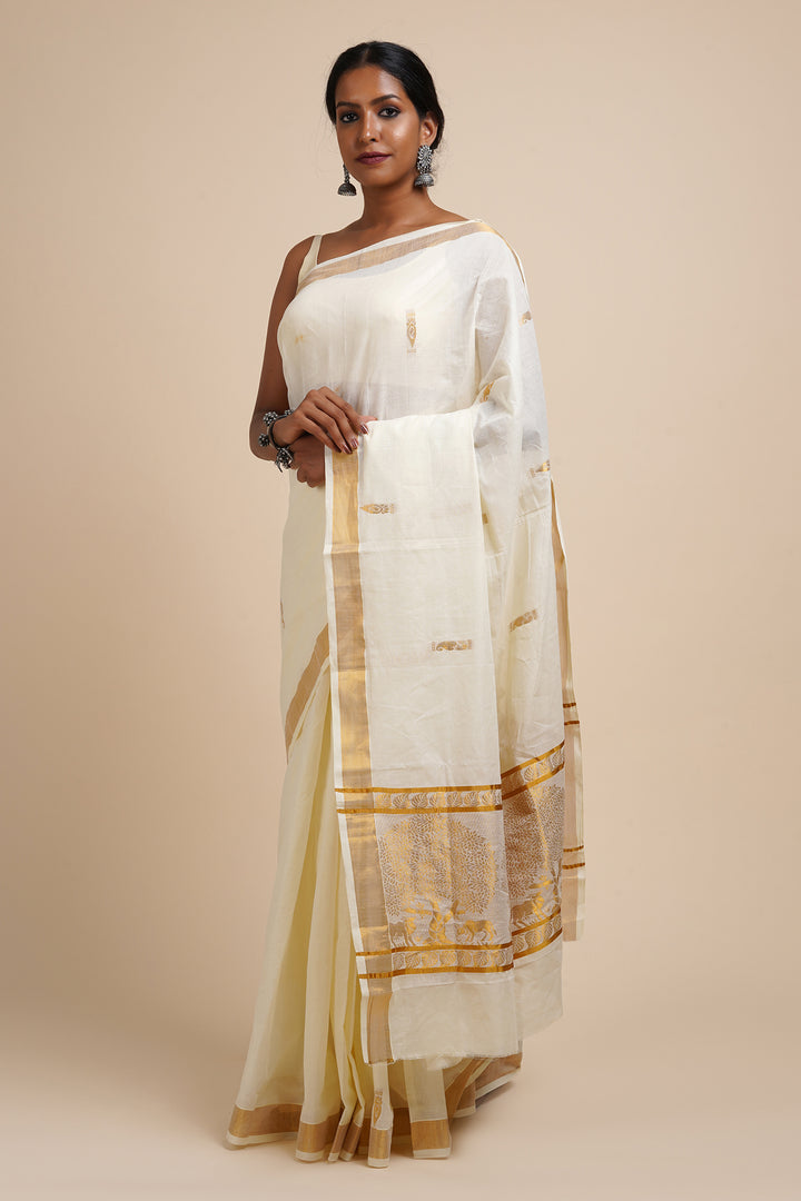 Teejh Priyasah White and Gold Kerala Cotton Kasavu Saree