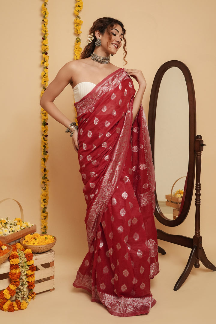 Teejh Taaki Red Linen Soft Cotton Ready to Drape Saree