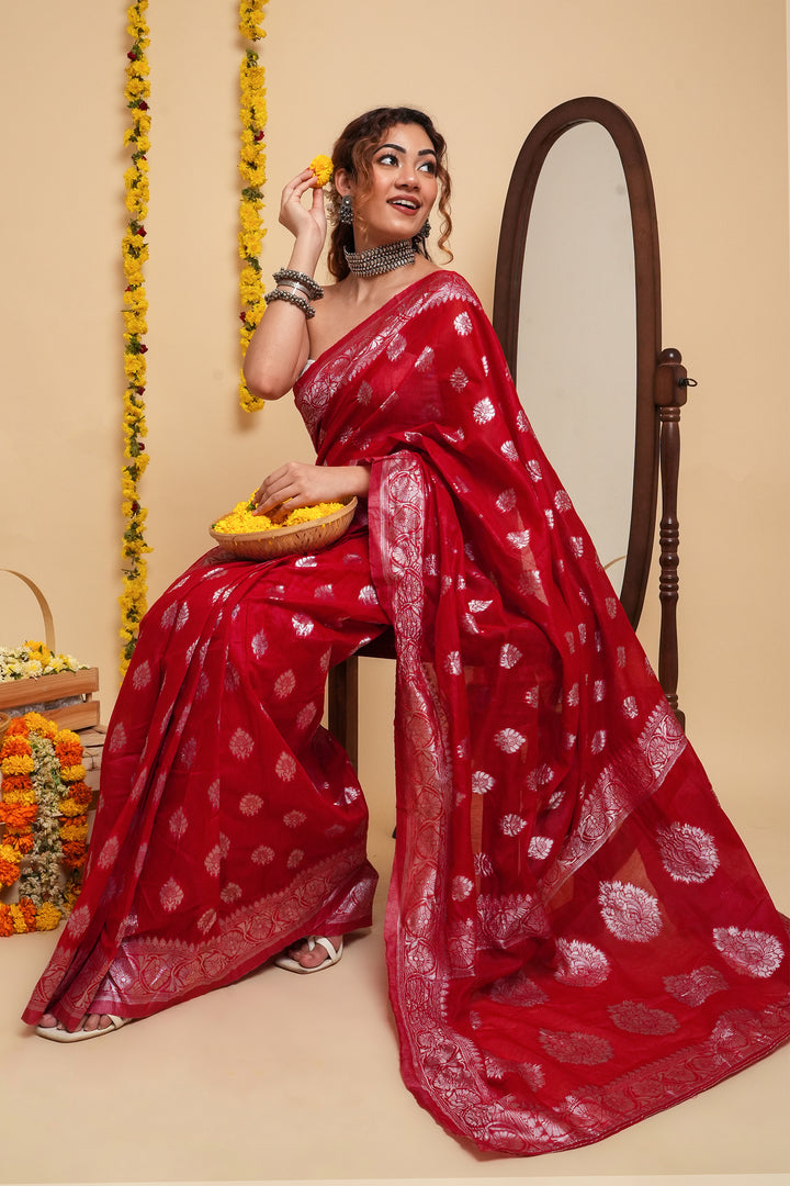 Teejh Taaki Red Linen Soft Cotton Ready to Drape Saree