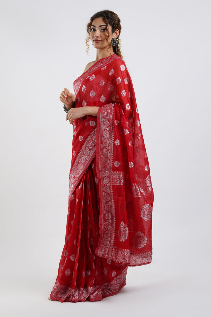 Teejh Taaki Red Linen Soft Cotton Ready to Drape Saree