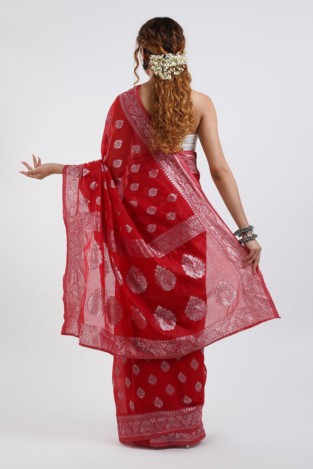 Teejh Taaki Red Linen Soft Cotton Ready to Drape Saree