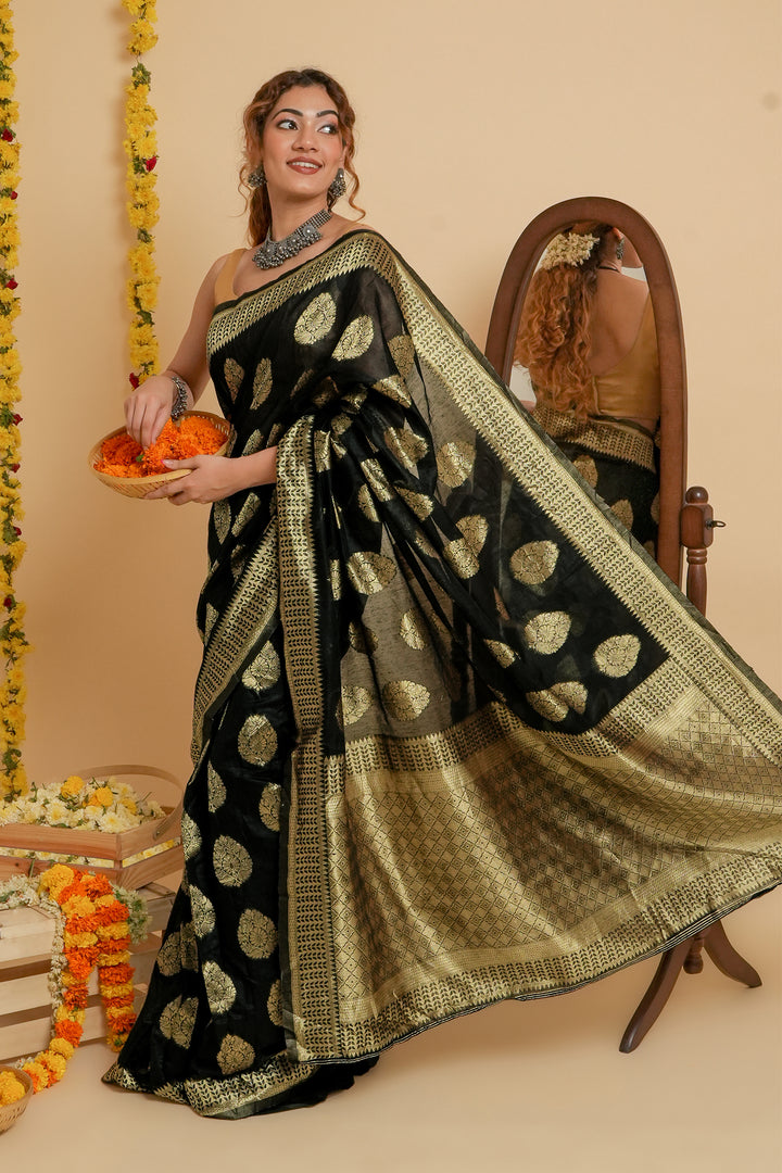Teejh Kalmah Black Soft Cotton Silk Ready to Drape Saree