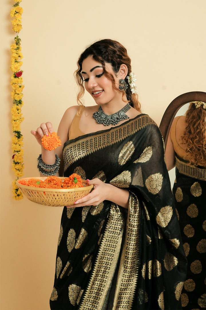 Teejh Kalmah Black Soft Cotton Silk Ready to Drape Saree