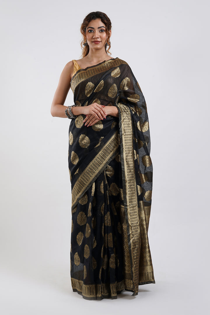 Teejh Kalmah Black Soft Cotton Silk Ready to Drape Saree