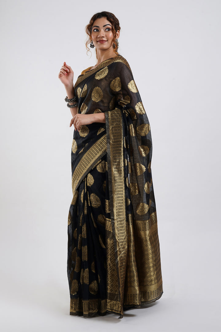 Teejh Kalmah Black Soft Cotton Silk Ready to Drape Saree