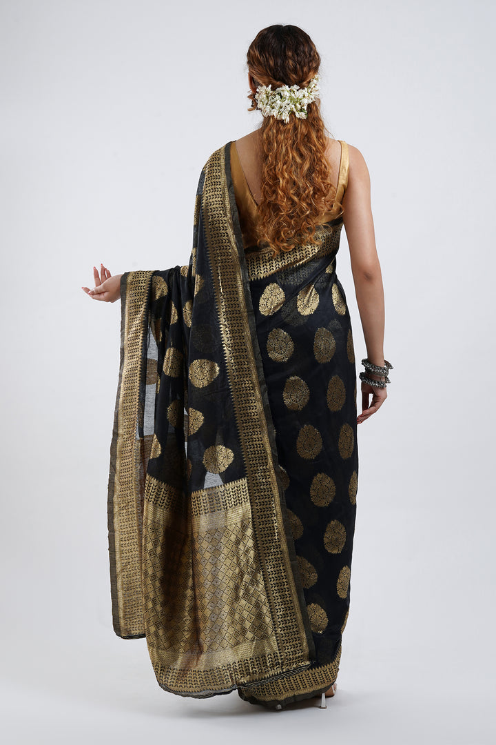 Teejh Kalmah Black Soft Cotton Silk Ready to Drape Saree
