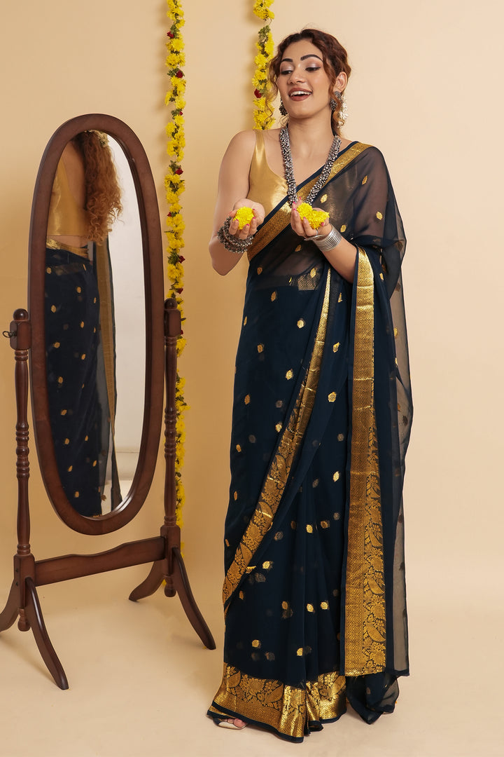 Teejh Samaro Navy Blue Georgette Ready to Drape Saree