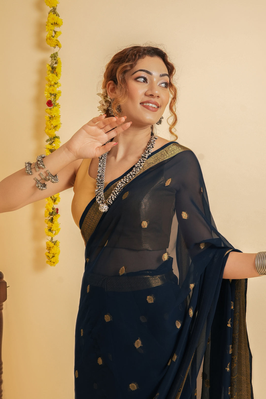 Teejh Samaro Navy Blue Georgette Ready to Drape Saree