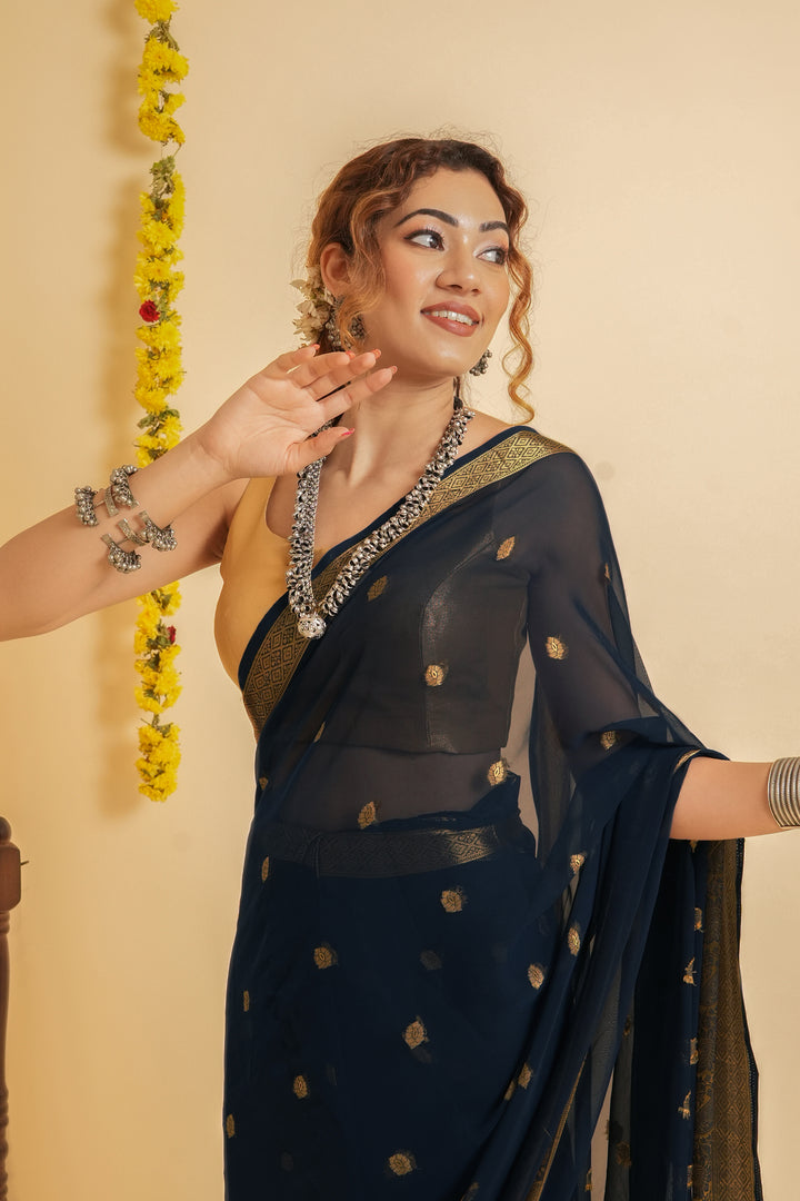 Teejh Samaro Navy Blue Georgette Ready to Drape Saree