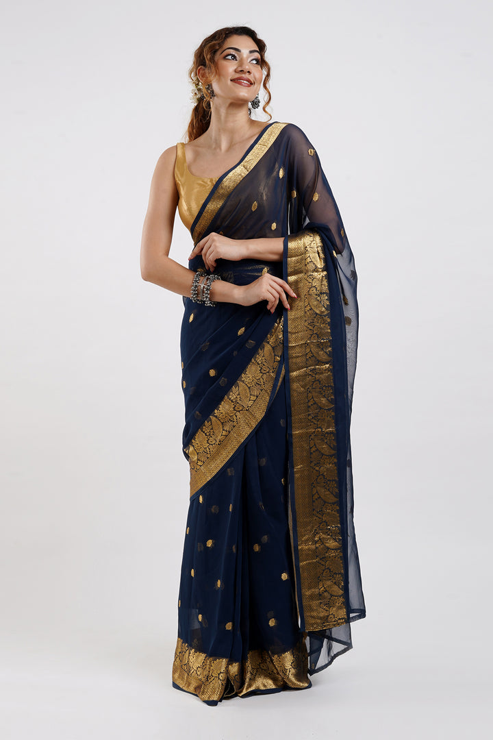 Teejh Samaro Navy Blue Georgette Ready to Drape Saree