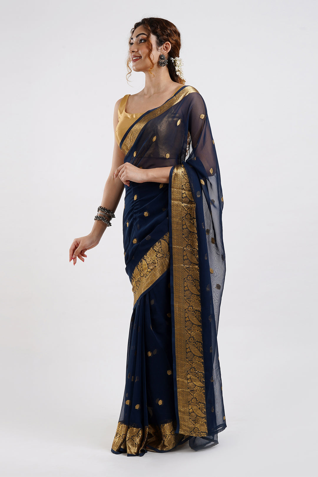 Teejh Samaro Navy Blue Georgette Ready to Drape Saree