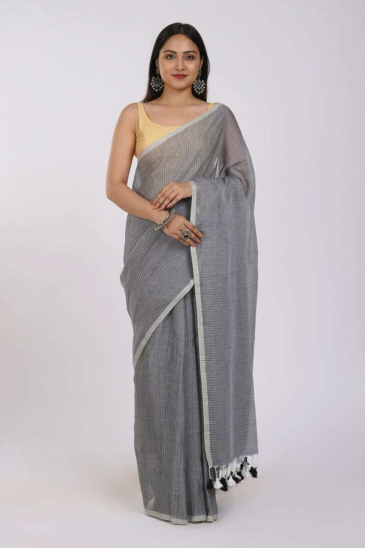 Teejh Leya Grey Cotton Zari Saree