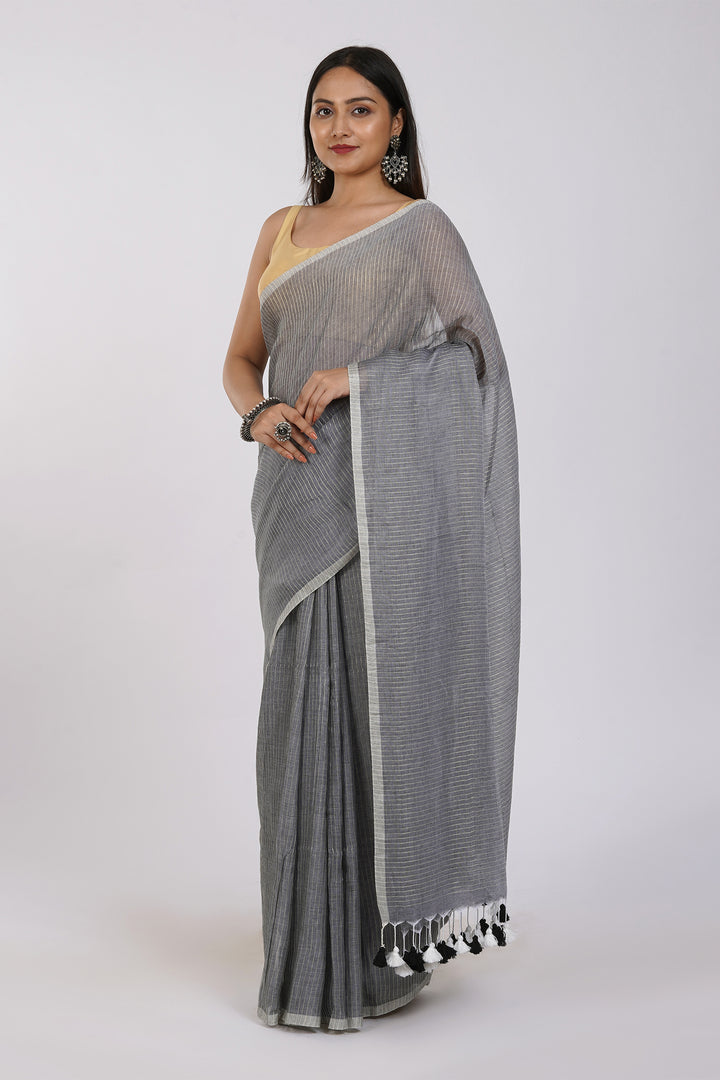 Teejh Leya Grey Cotton Zari Saree