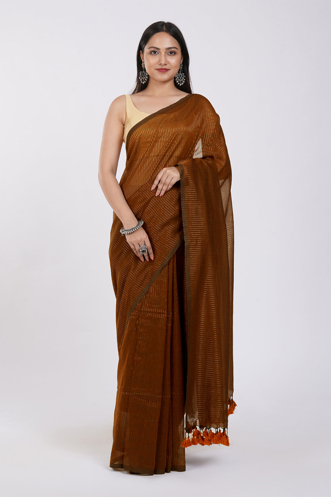 Teejh Leya Brown Cotton Zari Saree