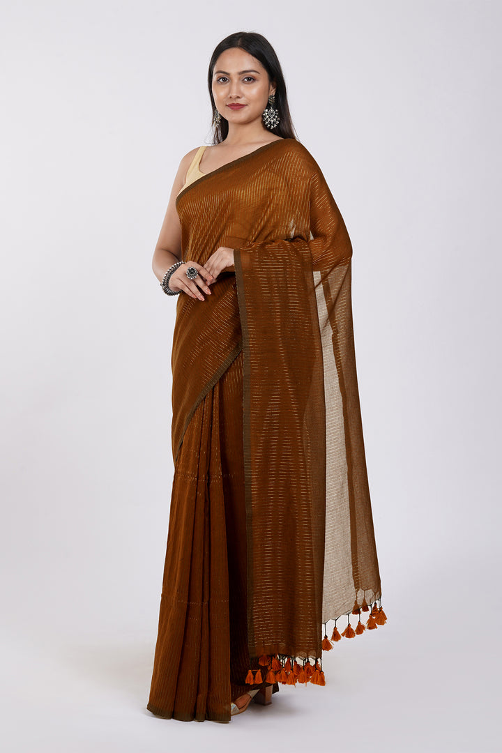 Teejh Leya Brown Cotton Zari Saree