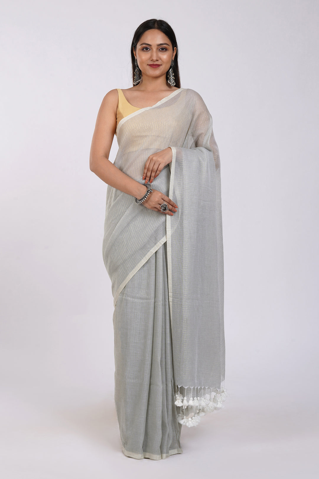 Teejh Leya Light Grey Cotton Zari Saree