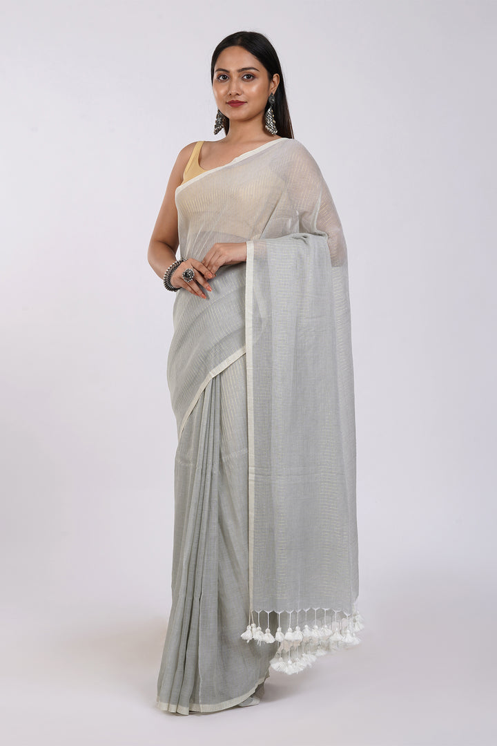 Teejh Leya Light Grey Cotton Zari Saree