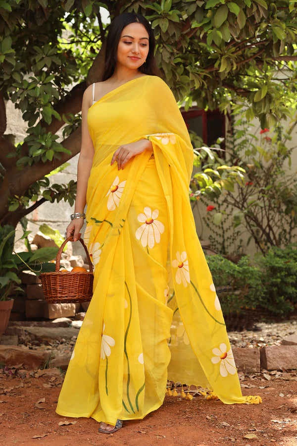 Teejh Blossom Breeze Yellow Printed Mulmul Cotton Saree