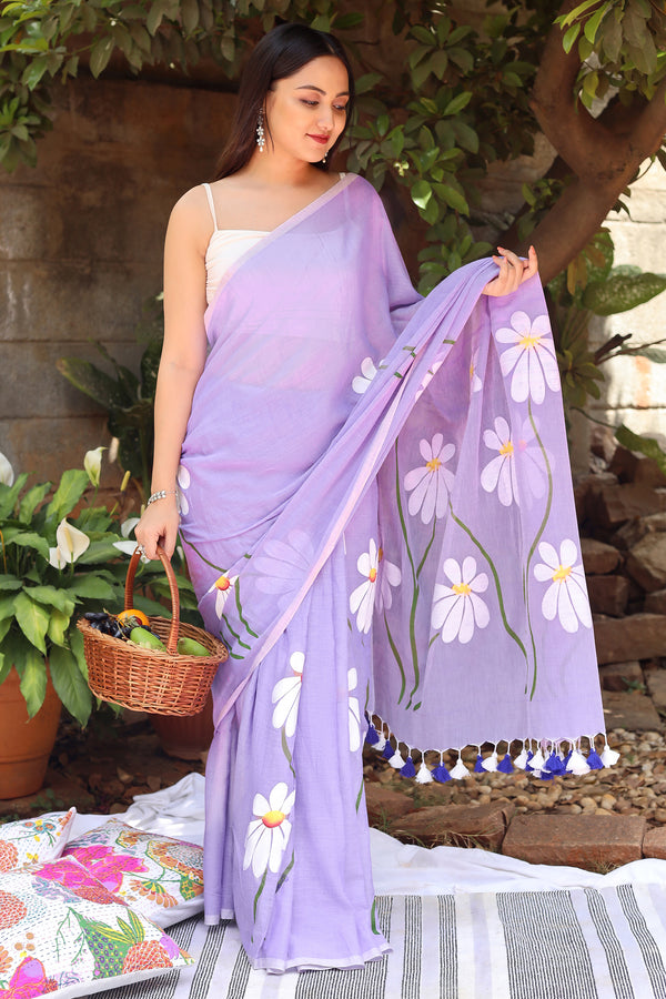Teejh Blossom Breeze Purple Printed Mulmul Cotton Saree