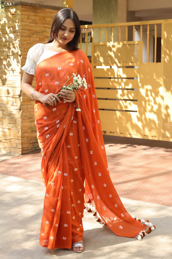 Teejh Reiya Rust Orange Embroidered Mulmul Cotton Saree