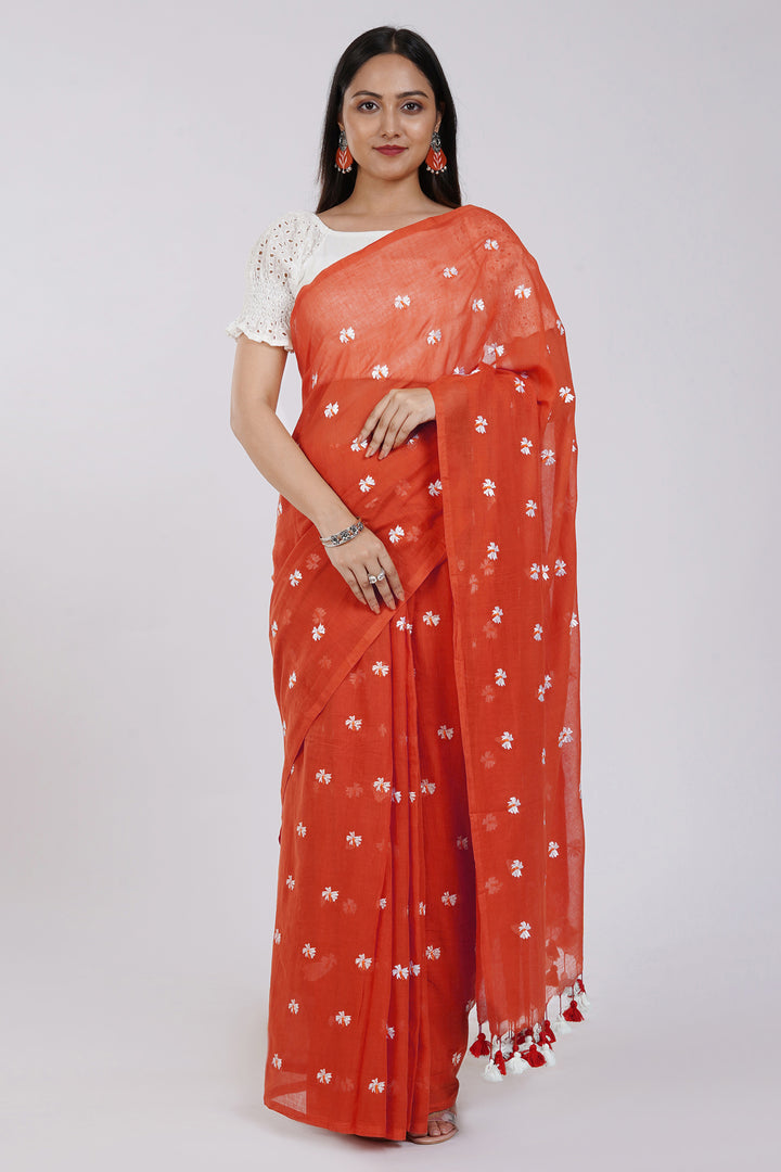 Teejh Reiya Rust Orange Embroidered Mulmul Cotton Saree