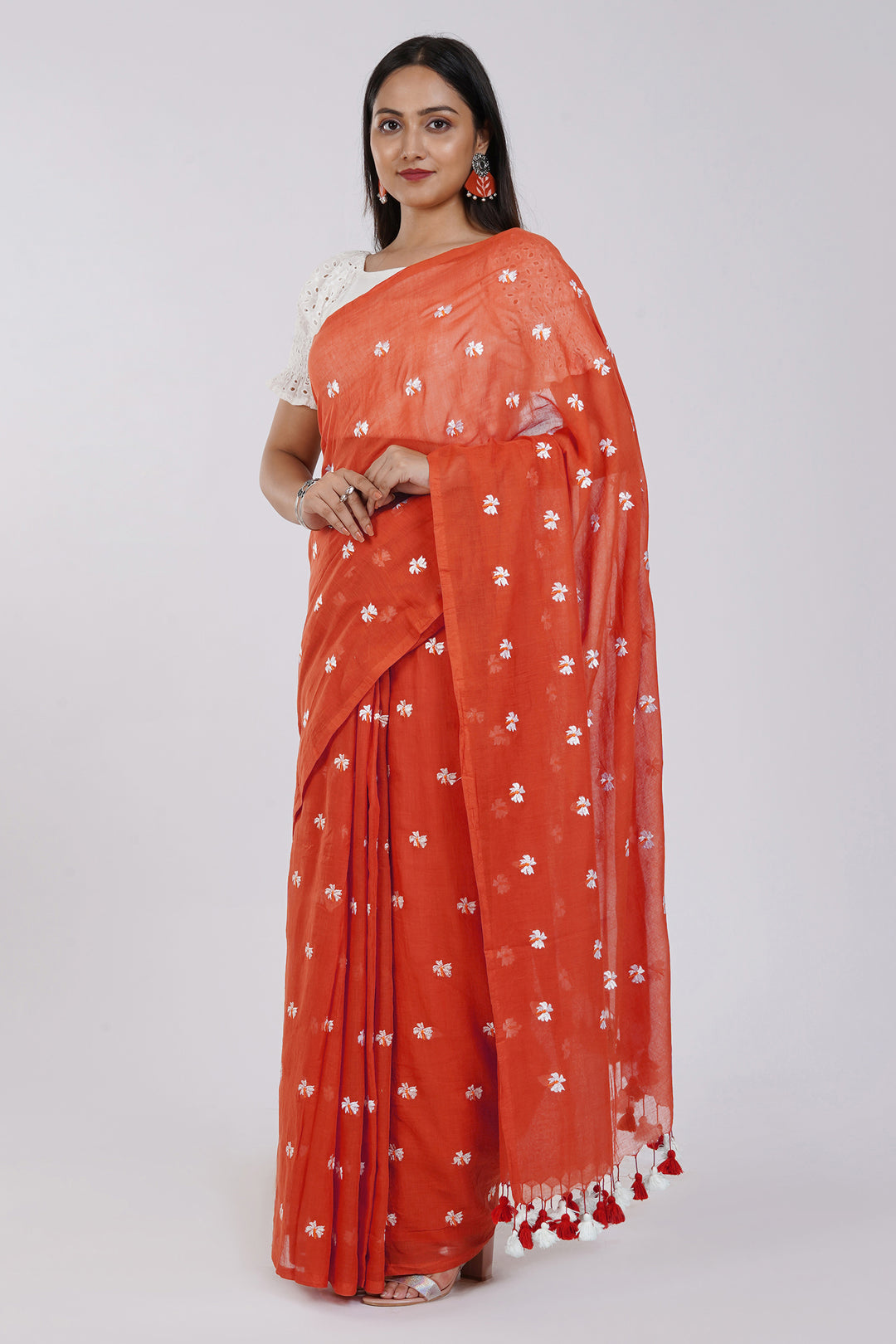 Teejh Reiya Rust Orange Embroidered Mulmul Cotton Saree