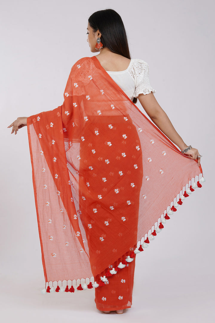Teejh Reiya Rust Orange Embroidered Mulmul Cotton Saree