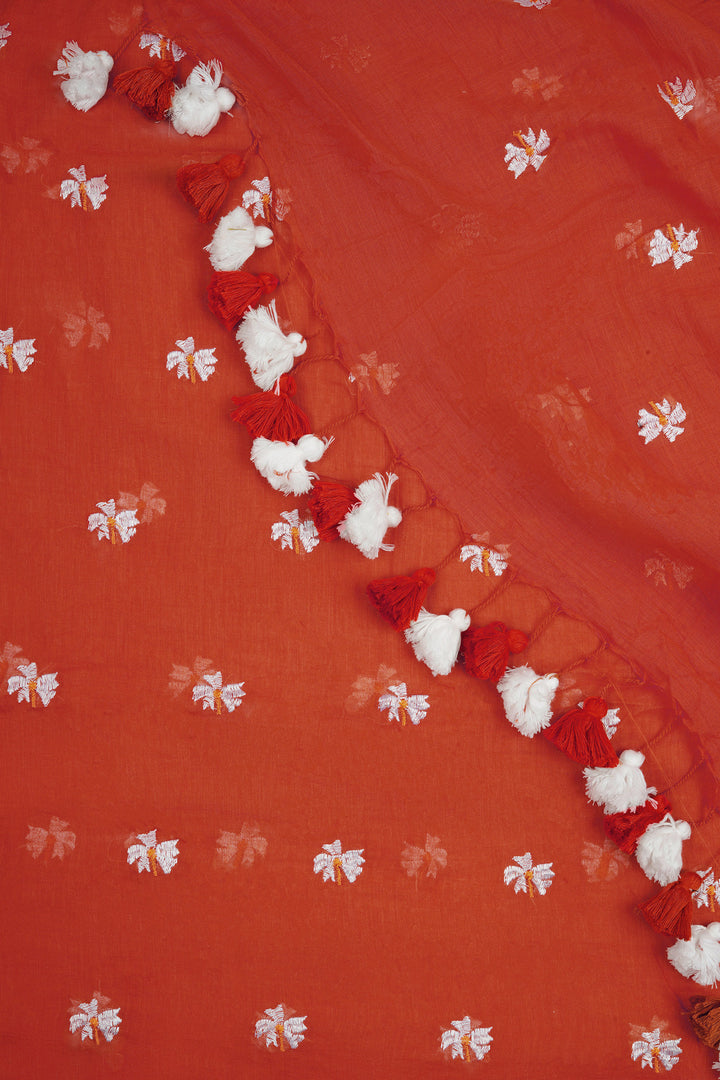 Teejh Reiya Rust Orange Embroidered Mulmul Cotton Saree
