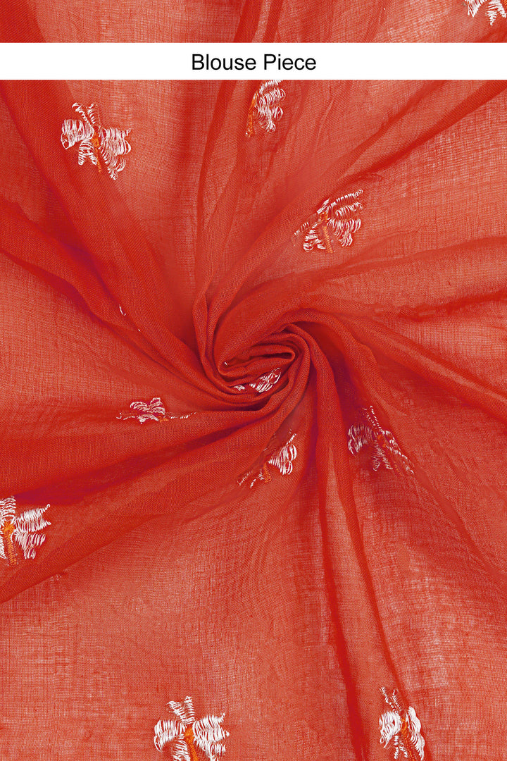 Teejh Reiya Rust Orange Embroidered Mulmul Cotton Saree