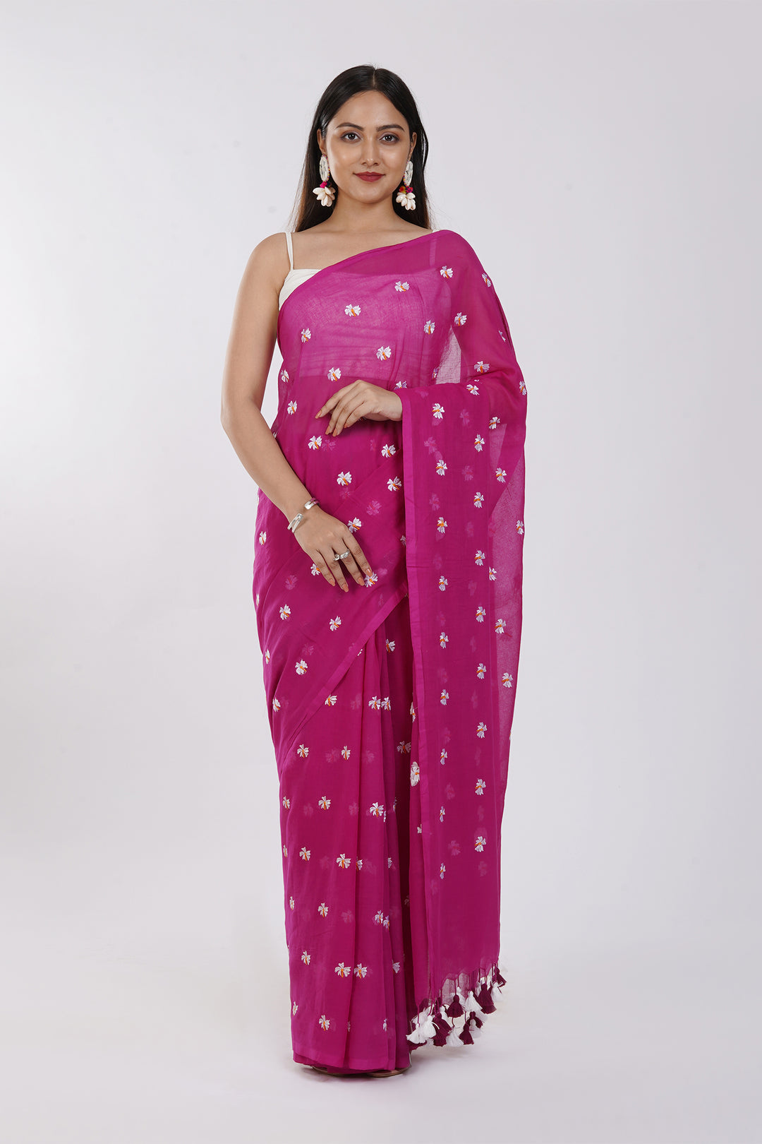 Teejh Reiya Magenta Embroidered Mulmul Cotton Saree