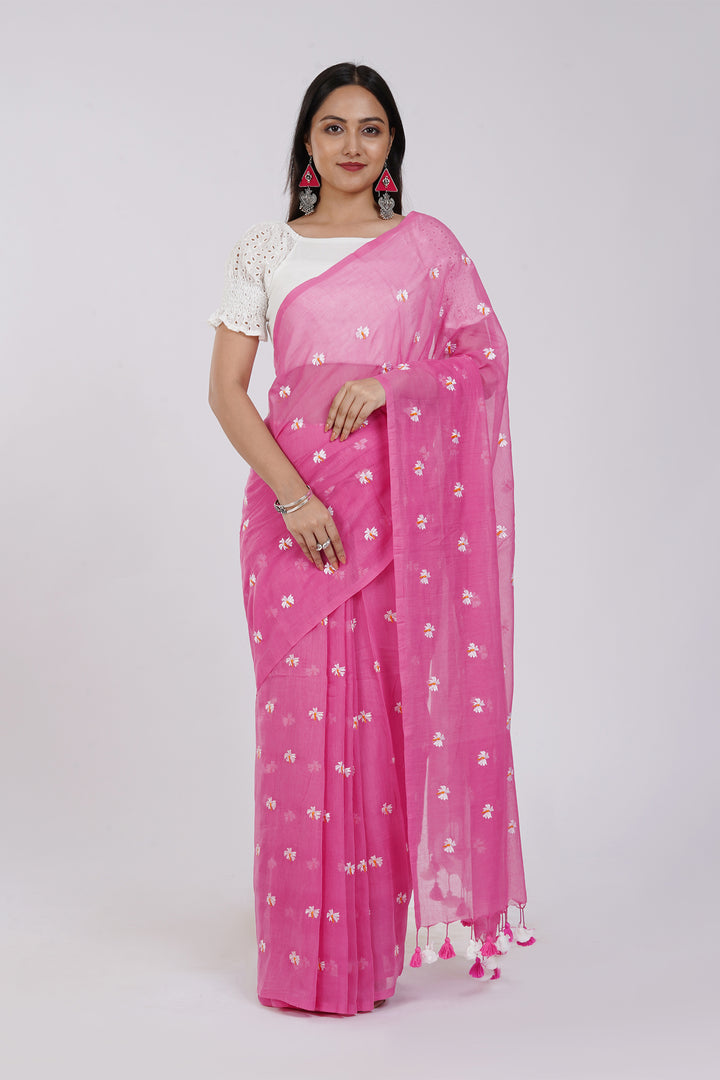 Teejh Reiya Pink Embroidered Mulmul Cotton Saree