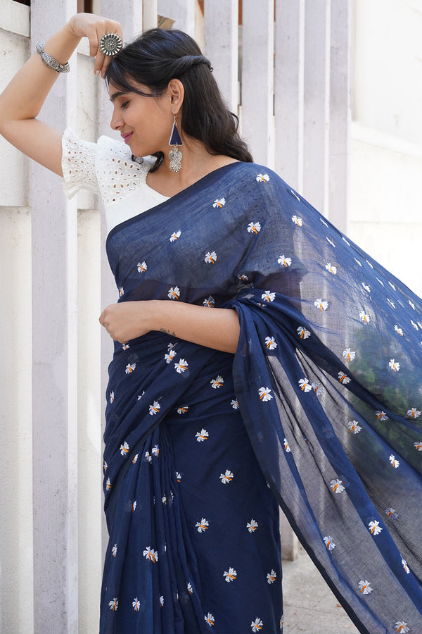 Teejh Reiya Blue Embroidered Mulmul Cotton Saree