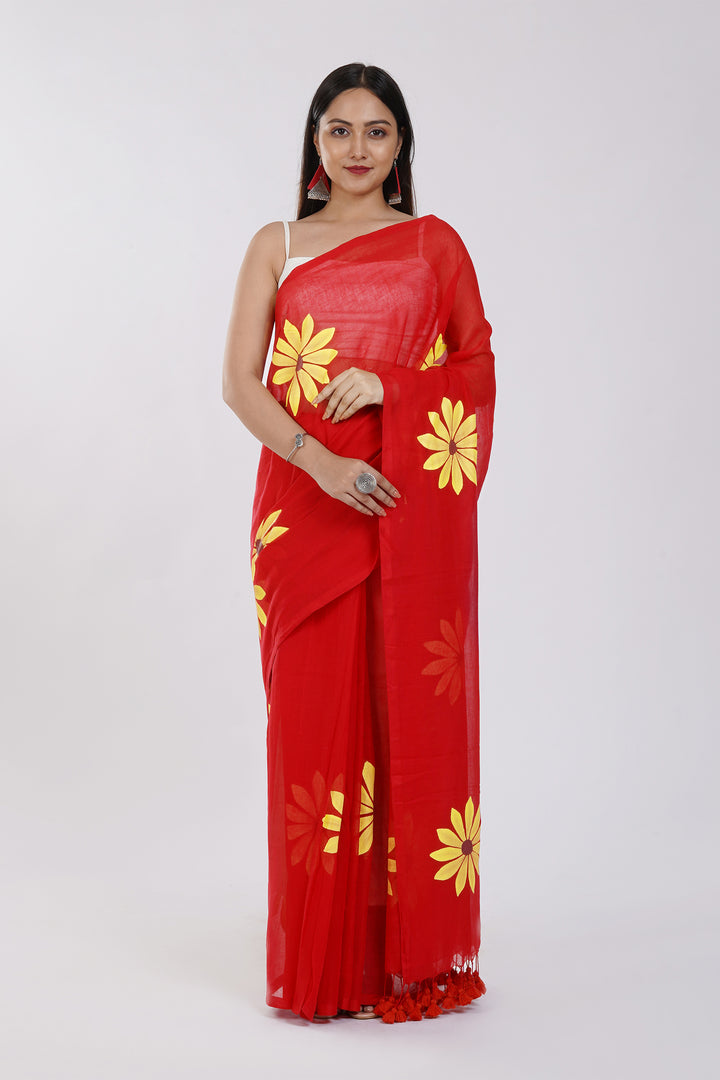 Teejh Kusuma Red Mul Cotton Printed Saree