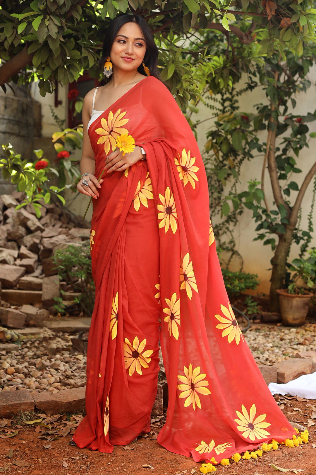 Teejh Kusuma Rust Orange Mul Cotton Printed Saree