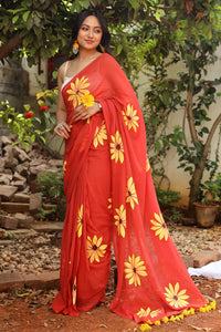 Teejh Kusuma Rust Orange Mul Cotton Printed Saree