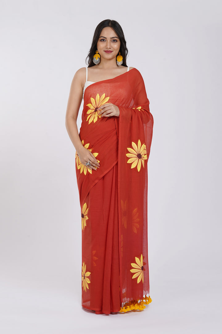 Teejh Kusuma Rust Orange Mul Cotton Printed Saree