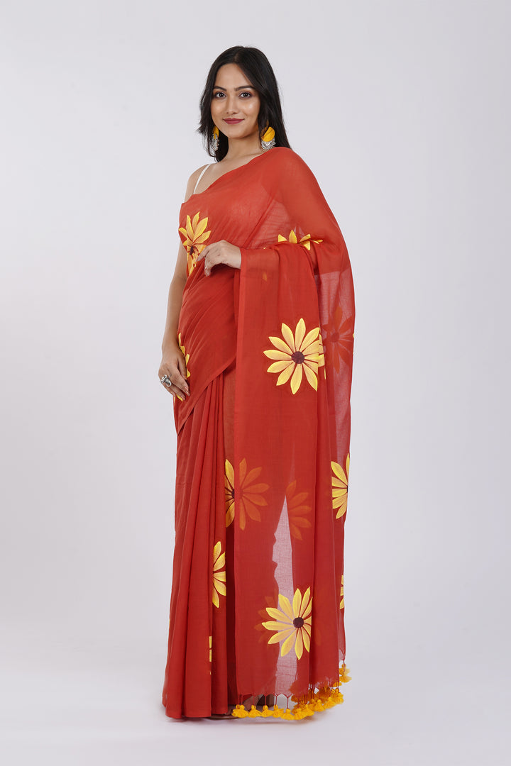 Teejh Kusuma Rust Orange Mul Cotton Printed Saree