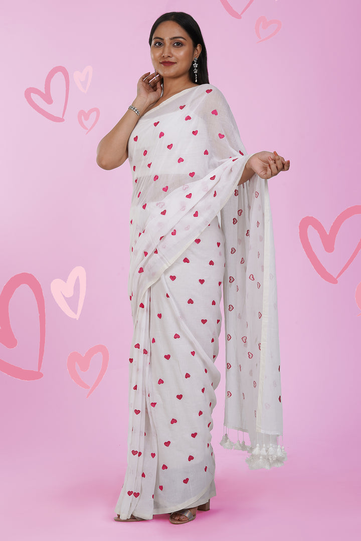 Teejh Chahna White and Pink Mul Cotton Heart Embroidery Saree