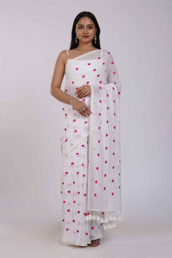 Teejh Chahna White and Pink Mul Cotton Heart Embroidery Saree