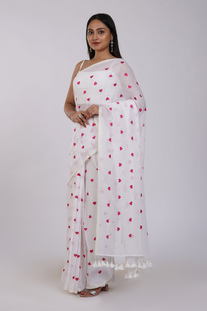 Teejh Chahna White and Pink Mul Cotton Heart Embroidery Saree