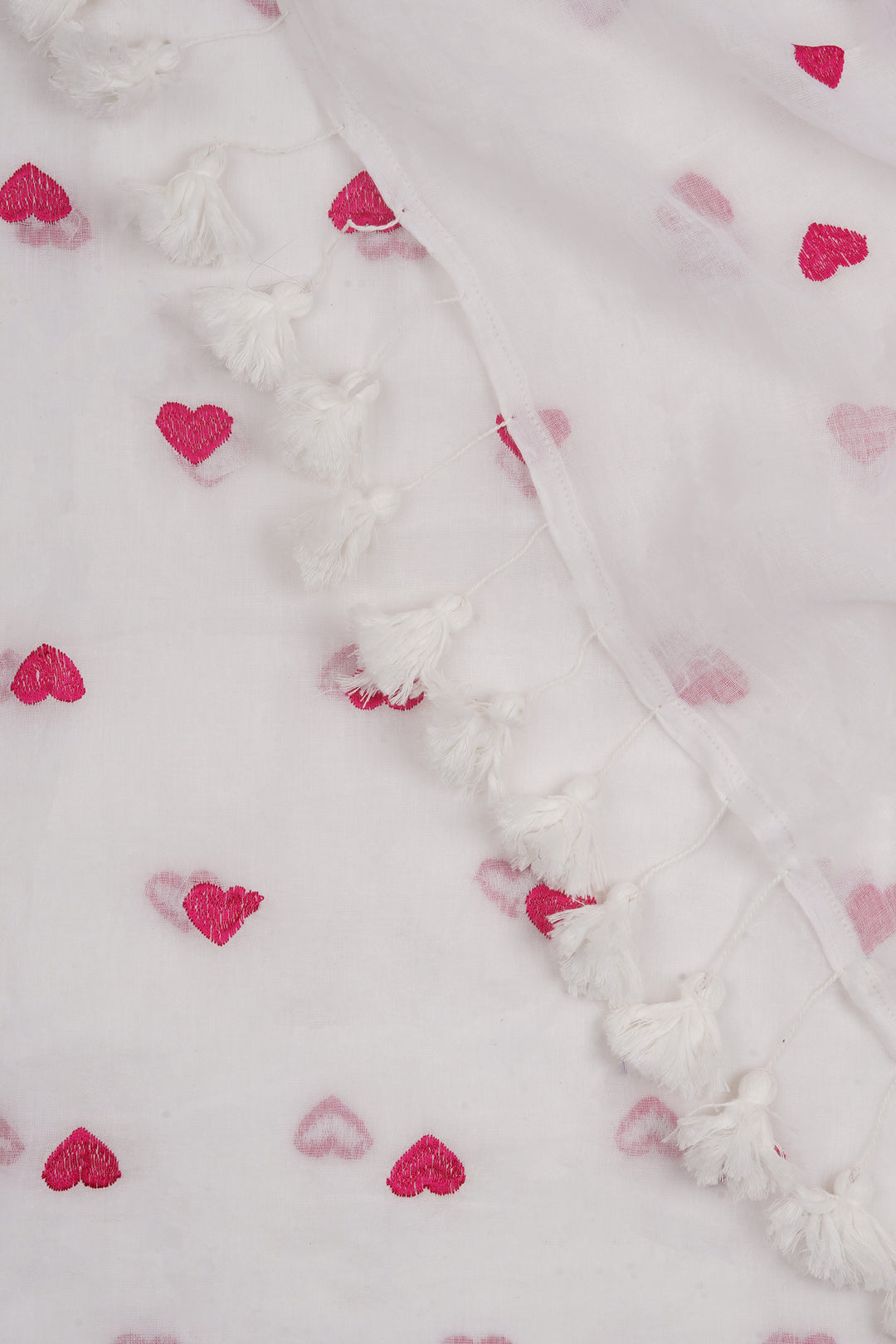 Teejh Chahna White and Pink Mul Cotton Heart Embroidery Saree