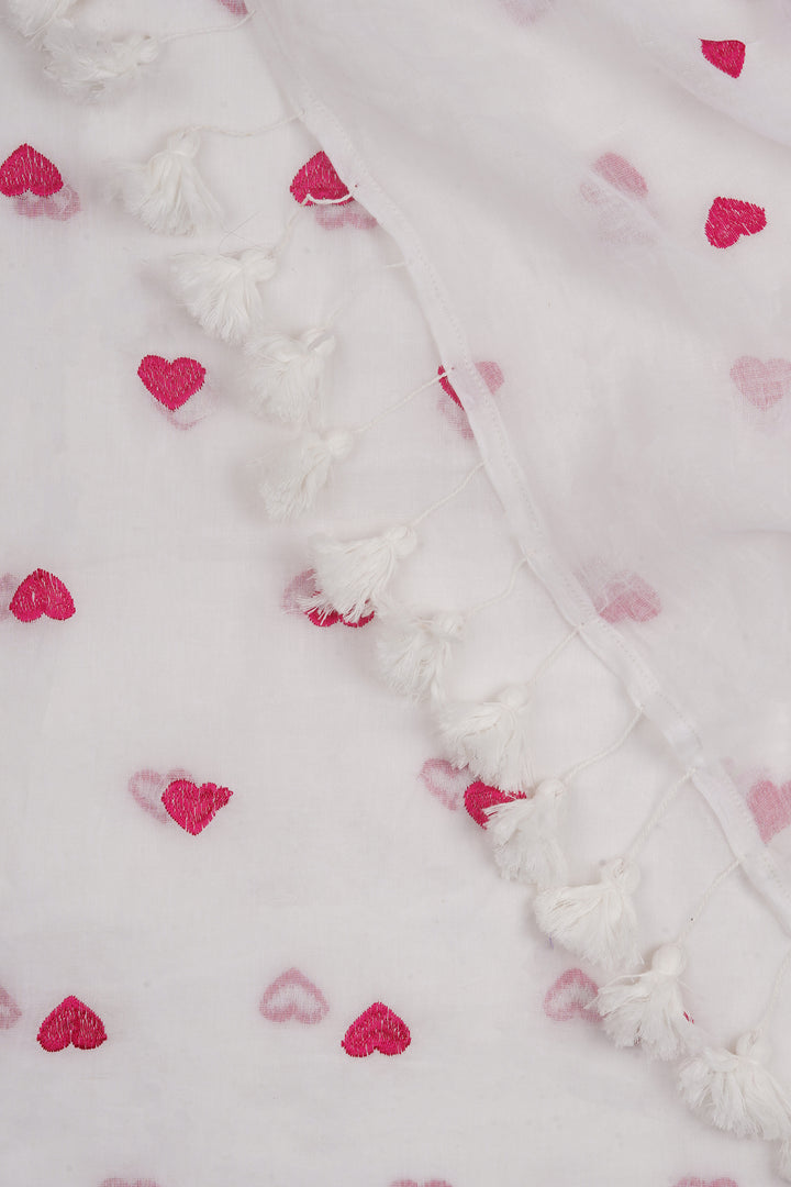 Teejh Chahna White and Pink Mul Cotton Heart Embroidery Saree