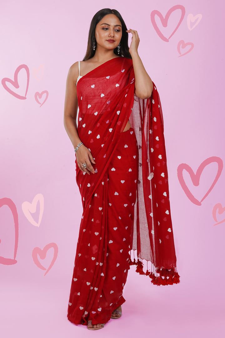 Teejh Chahna Red and White Mul Cotton Heart Embroidery Saree