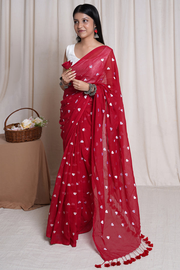 Teejh Chahna Red and White Mul Cotton Heart Embroidery Saree