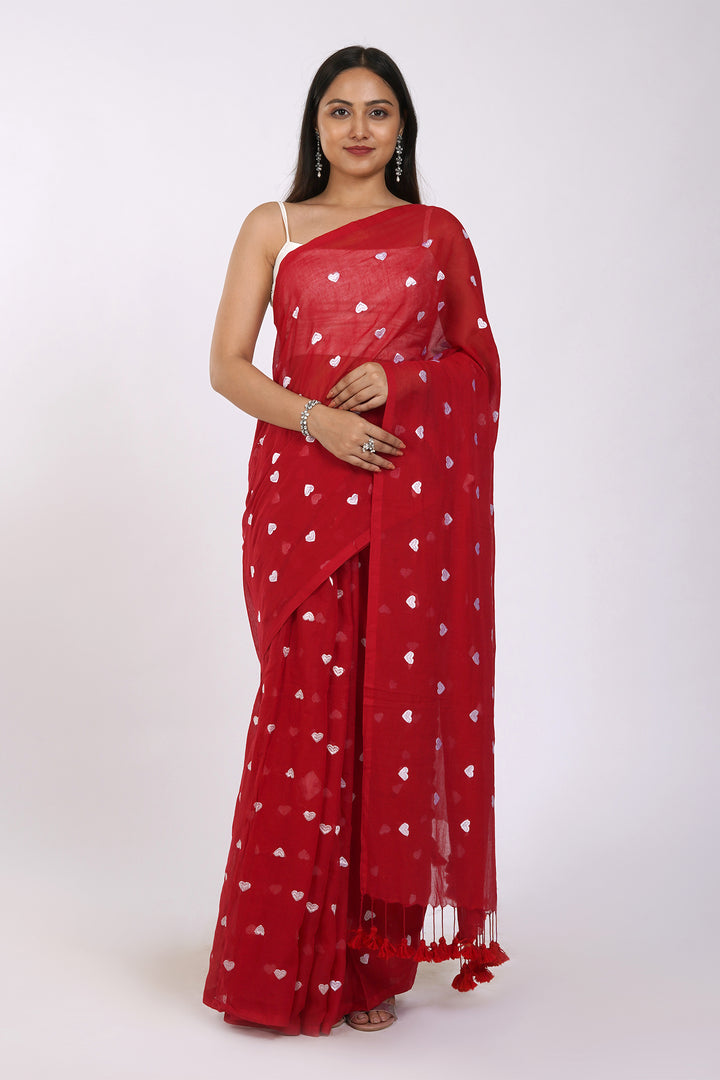 Teejh Chahna Red and White Mul Cotton Heart Embroidery Saree