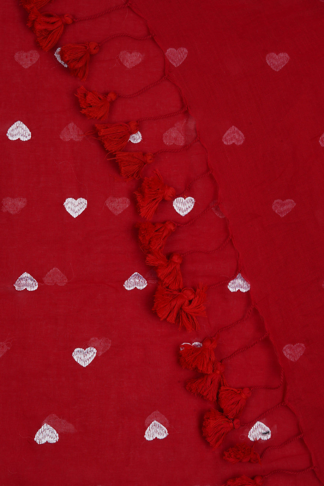 Teejh Chahna Red and White Mul Cotton Heart Embroidery Saree