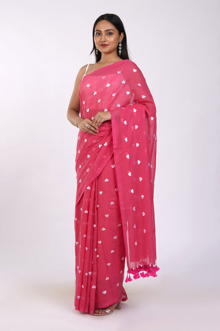 Teejh Chahna Pink and White Mul Cotton Heart Embroidery Saree