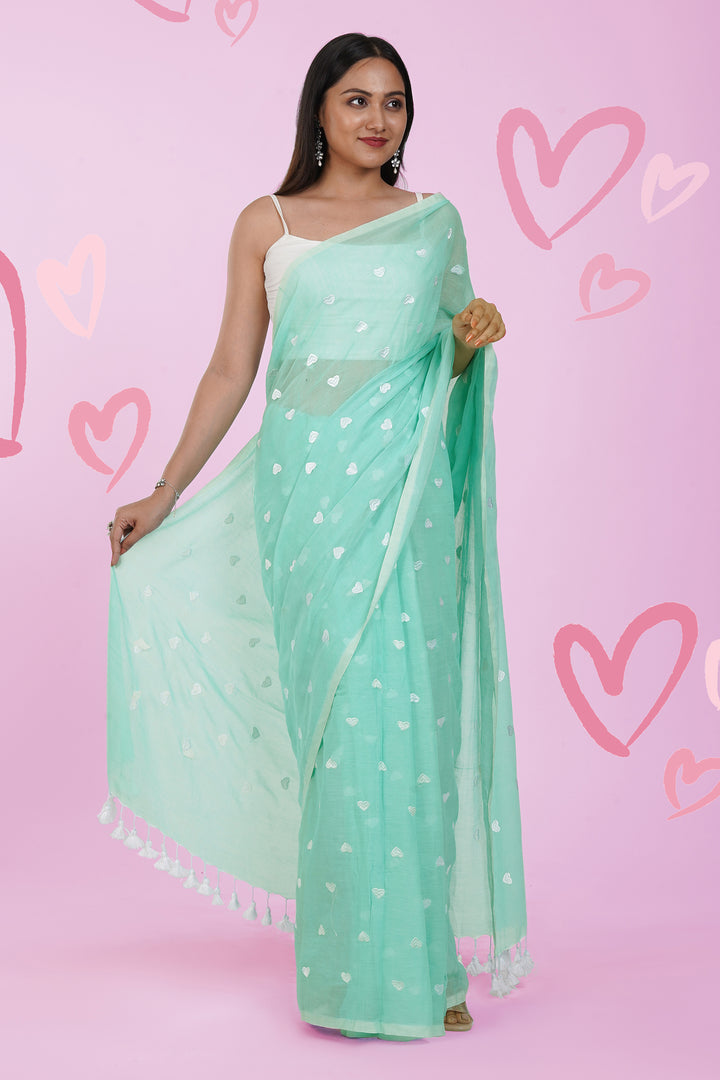Teejh Chahna Sea Green and White Mul Cotton Heart Embroidery Saree
