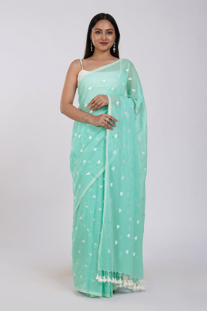 Teejh Chahna Sea Green and White Mul Cotton Heart Embroidery Saree